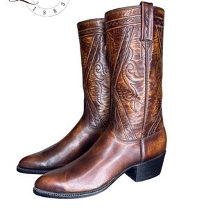 Lucchese Brown Western Cowboy Boots with Decorative Stitching Italian Leather